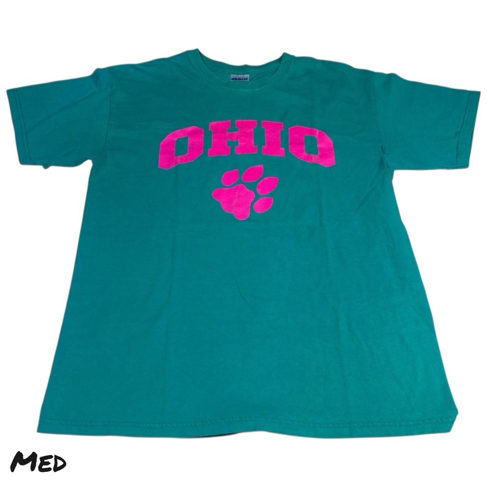 VTG T-Shirt Ohio University‎ Bobcats Teal Pink Graphic Tee Unisex Medium